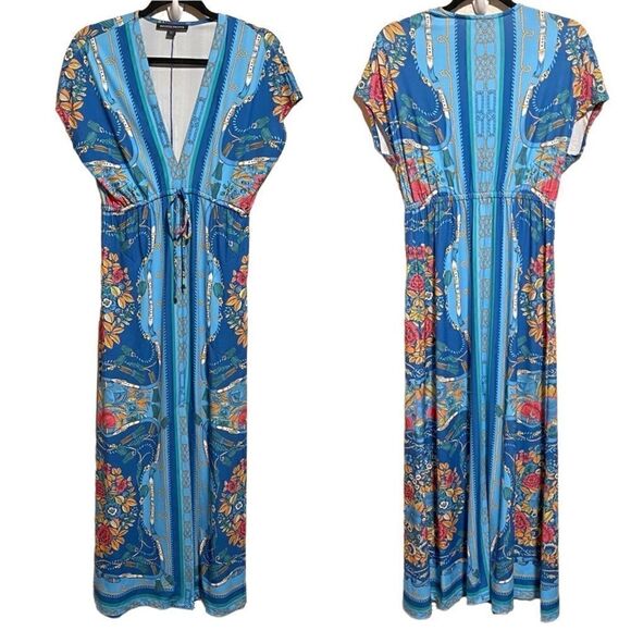 Boston Proper- Women’s Border Scarf Print Blue Floral Maxi Dress, Size Small - Picture 7 of 16
